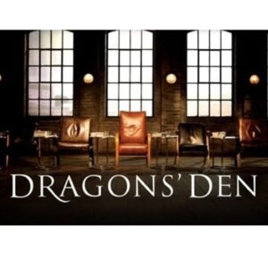 Empty leather chairs in a row with the words Dragons' Den beneath